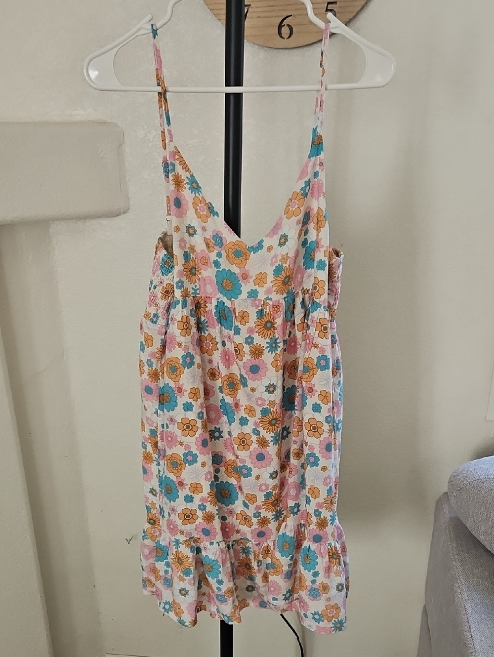 Pink Lily Cream Floral Sundress with Turquoise, Mustard & Pink Accents